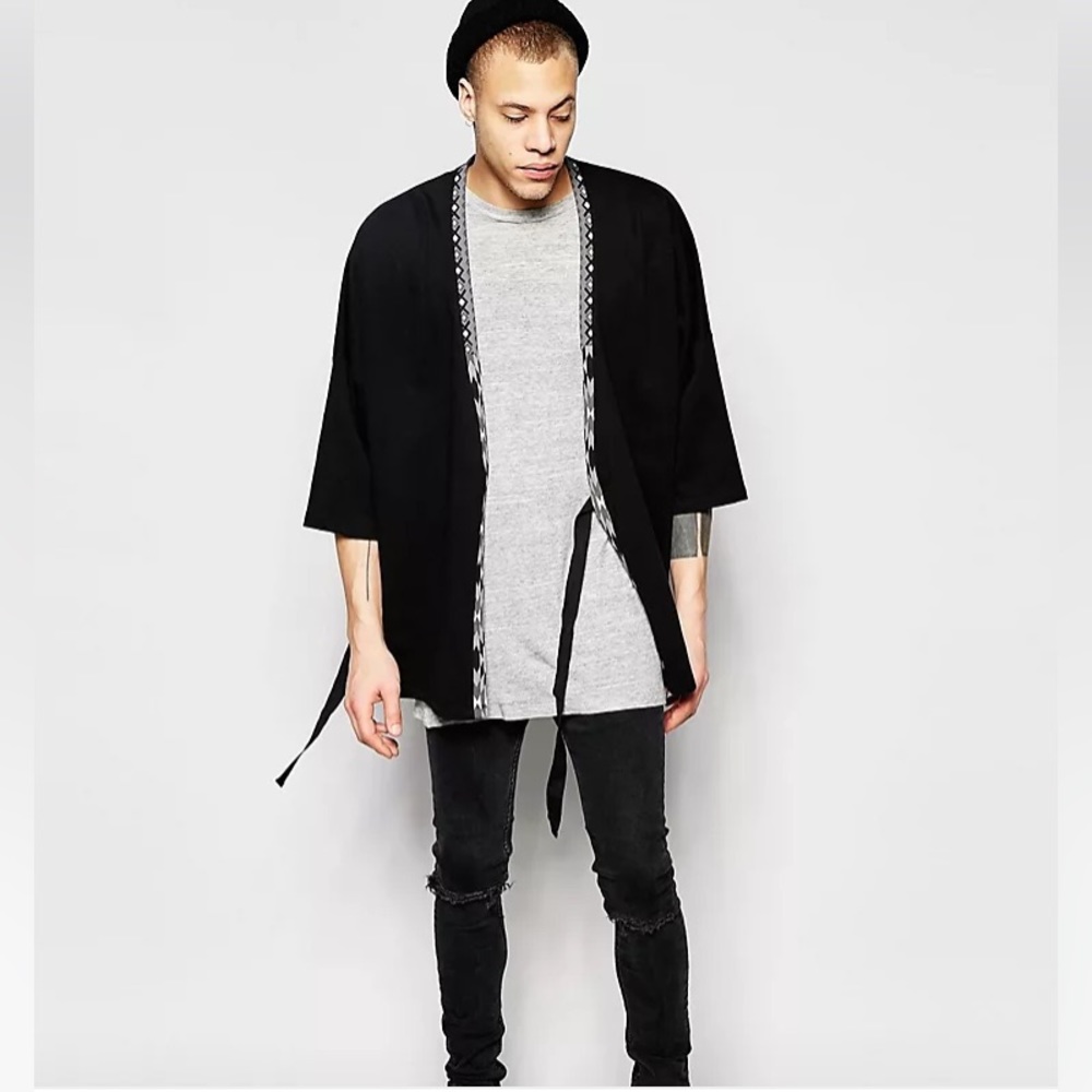 ASOS Longline Kimono Cardigan In Aztec Print In Black